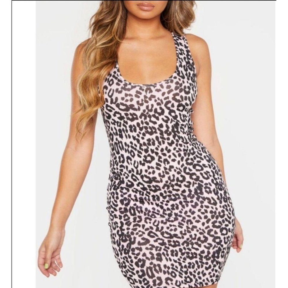 PrettyLittleThing Womens Dress Pink 2 Animal Print Body Con Mini Scoop Neck - Picture 1 of 9